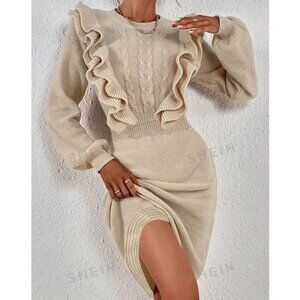 SHEIN Womens Taupe Unity Ruffle Trim Cable Knit Sweater Dress L